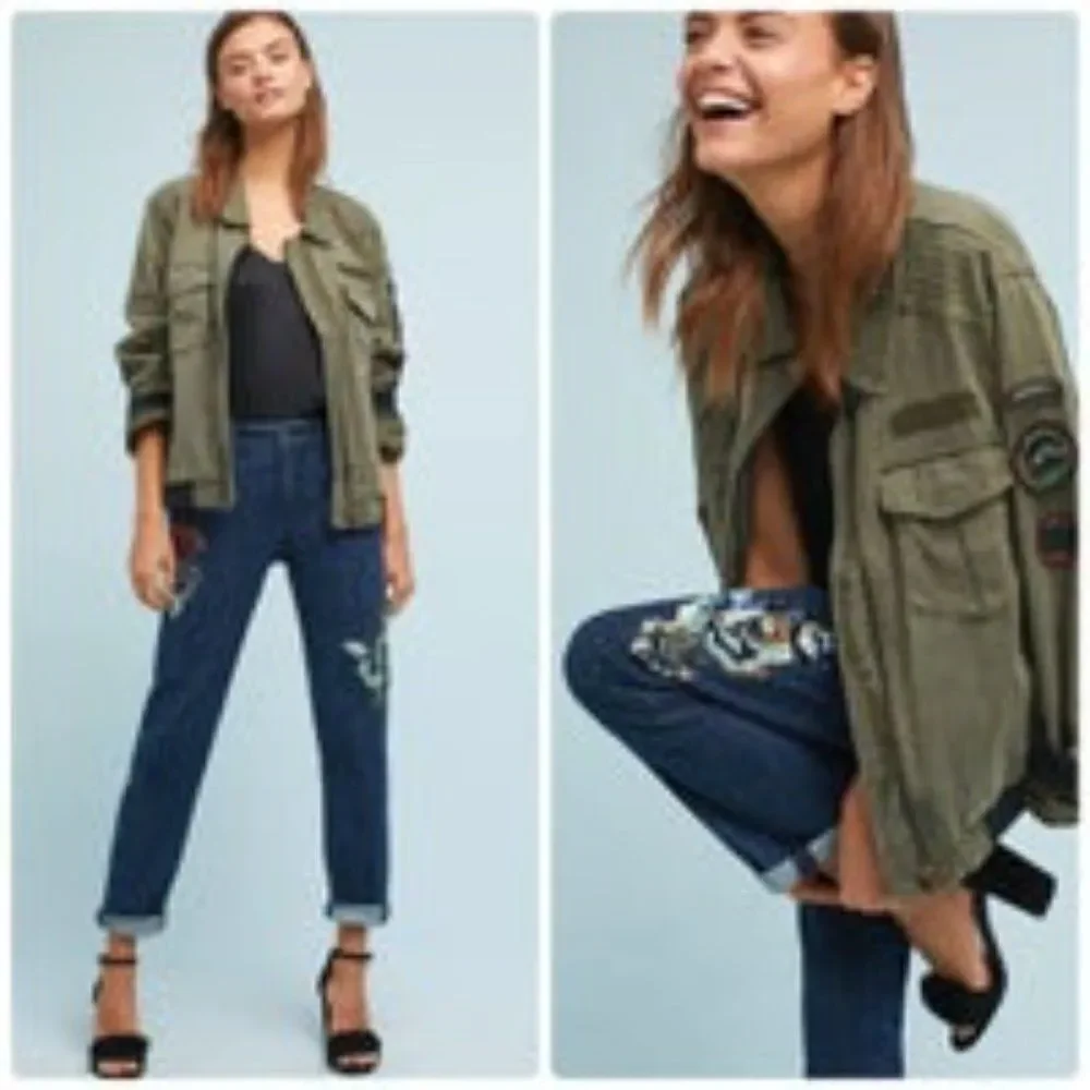 Anthropologie Pilcro Floral Sequin BOHO Slim Boyfriend Jeans Blue Denim Size 28